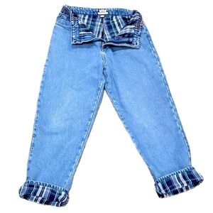 👖🌿 LL BEAN Vintage Flannel-Lined Jeans | Blue Pink Plaid High-Waist Y2K Sz 12